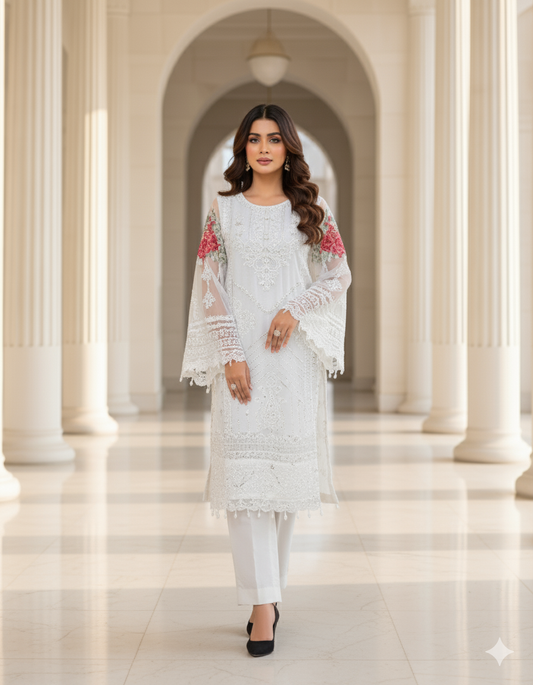 White Shafoon Bamber Kamiz Dupta Russian Grip Silk Trouser