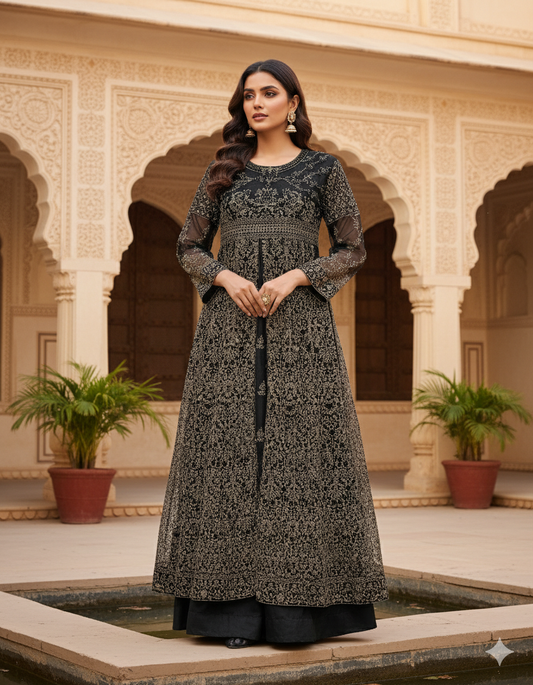 3PC Black Maxi Net Dupta Chamki Trouser