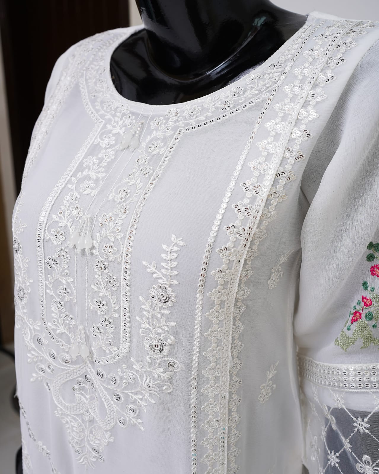 White Shafoon Bamber Kamiz Dupta Russian Grip Silk Trouser