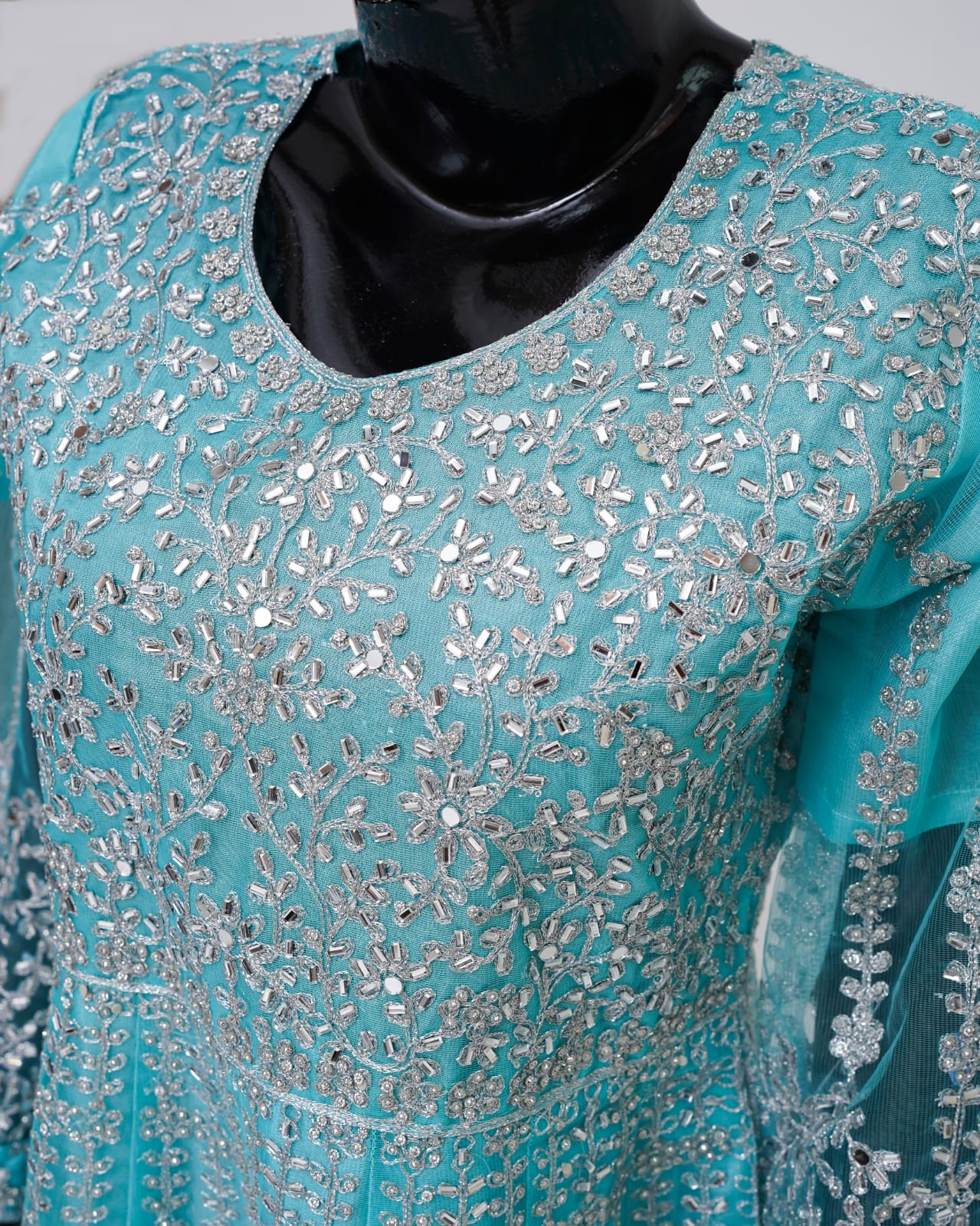 3pc Sky Blue Maxi Net Dupta Chamki Trouser