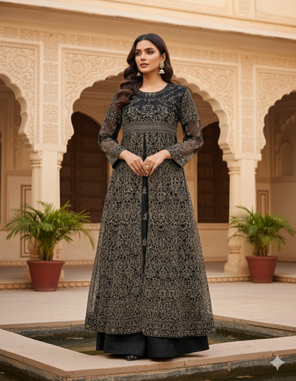 3PC Black Maxi Net Dupta Chamki Trouser